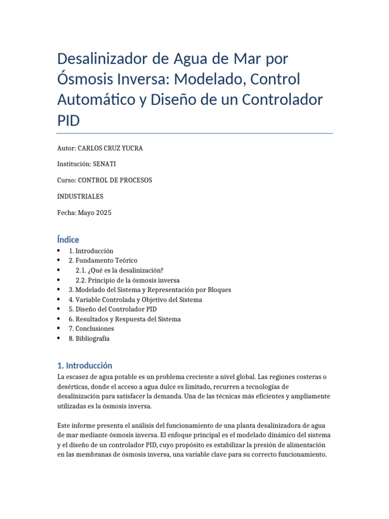 Control PID en Desalinizador por Ósmosis | PDF | Desalinización | Ósmosis