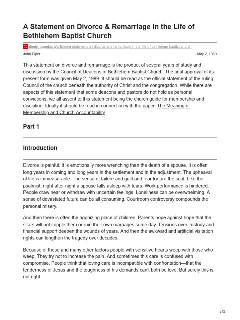 Bethlehem Baptist's Divorce Statement PDF Marriage