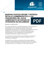 Nota de Prensa - MARIANO POSTIGO RECIBE Y ENTREGA DETALLE CONMEMORATIVO A LOS VENCEDORES DEL XXXVII CAMPEONATO DE ESPAÑA DE VETERANOS DE BALONMANO