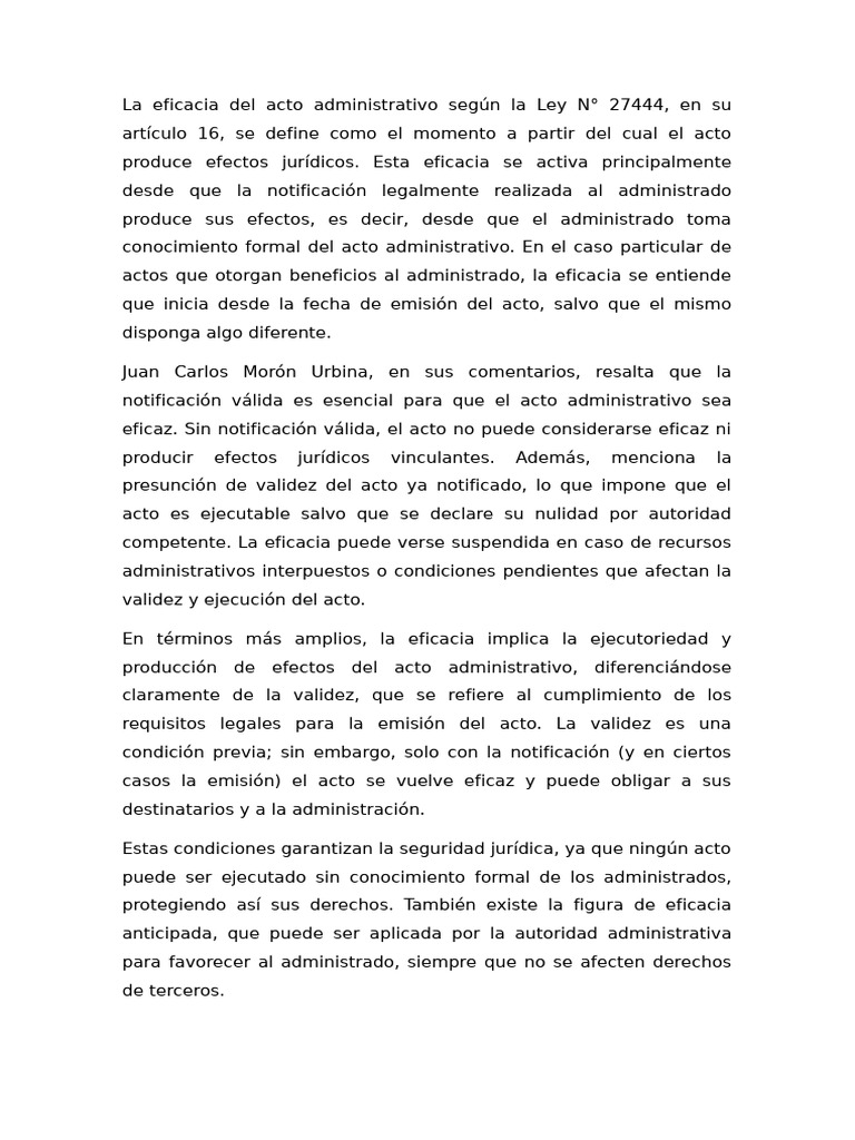 Eficacia del Acto Administrativo en la Ley 27444 | PDF