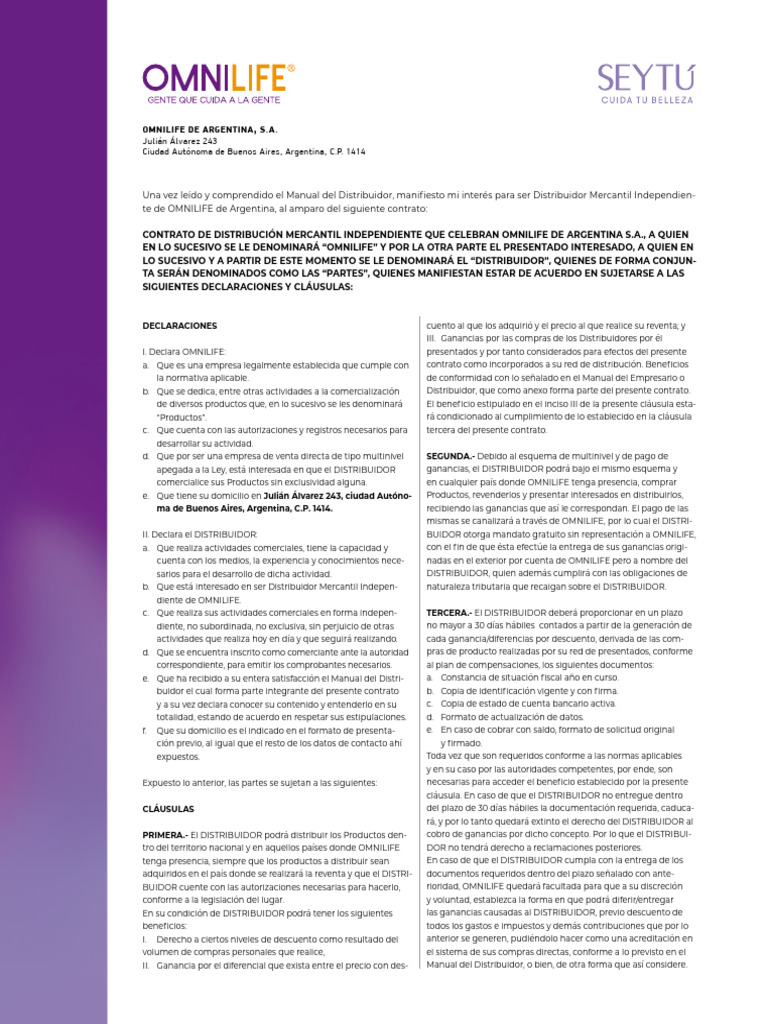 Contrato de Distribución OMNILIFE Argentina | PDF | Business
