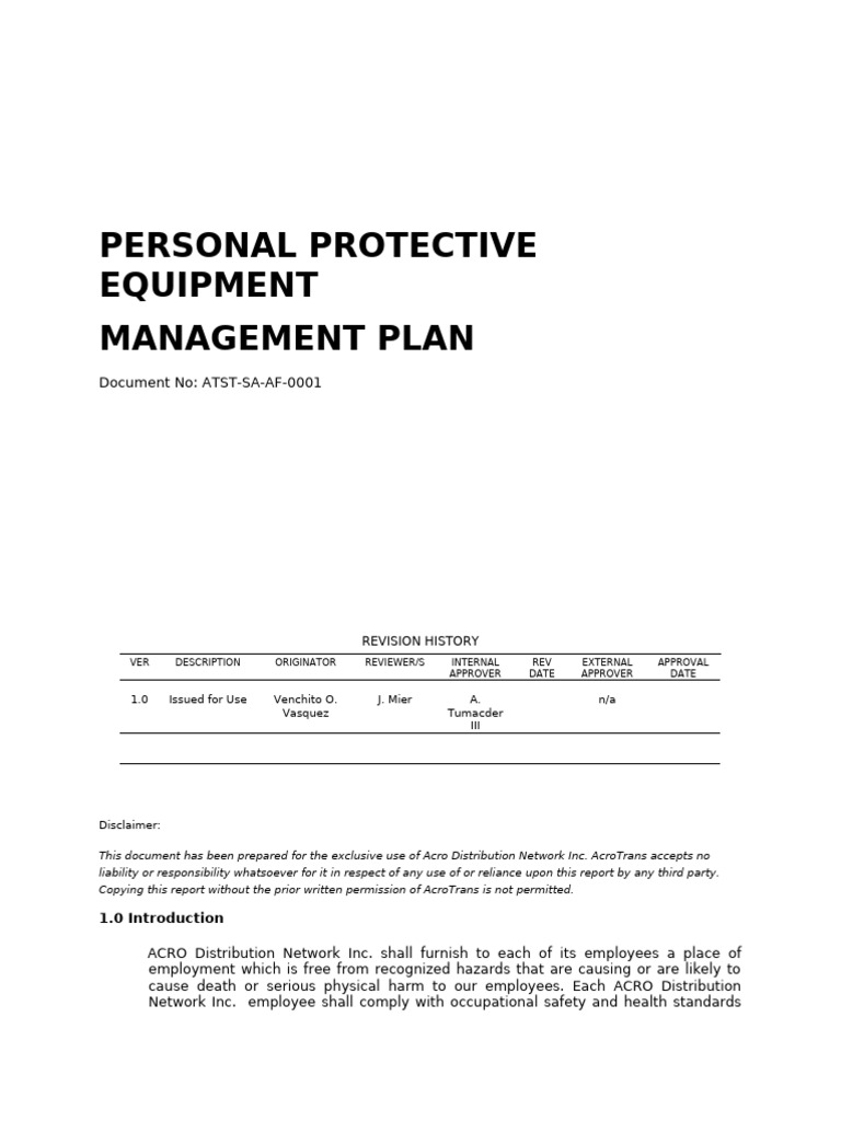 PPE Management Plan for ACRO Inc. | PDF | Personal Protective Equipment ...