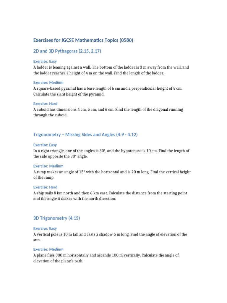 IGCSE Math Exercises: Pythagoras & Trigonometry | PDF | Interest | Triangle