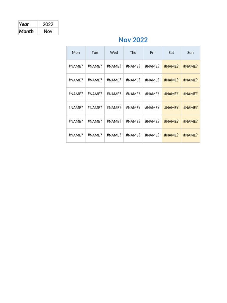 Dynamic Monthly Calendar in Excel | PDF