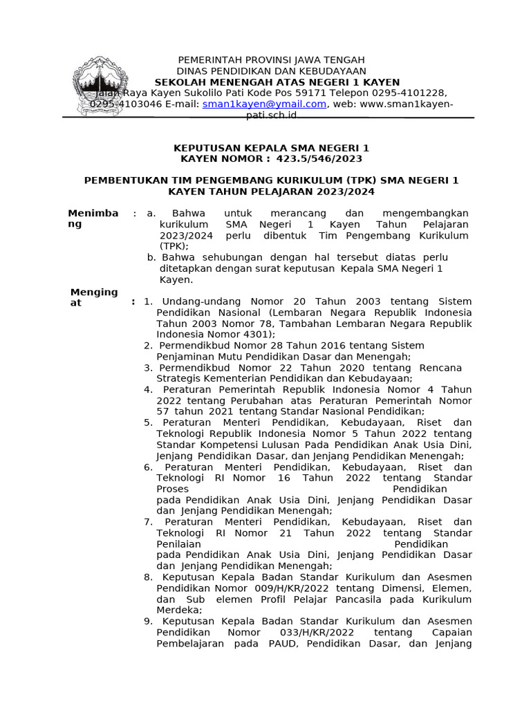 Pembentukan Tim Kurikulum SMA 1 Kayen | PDF