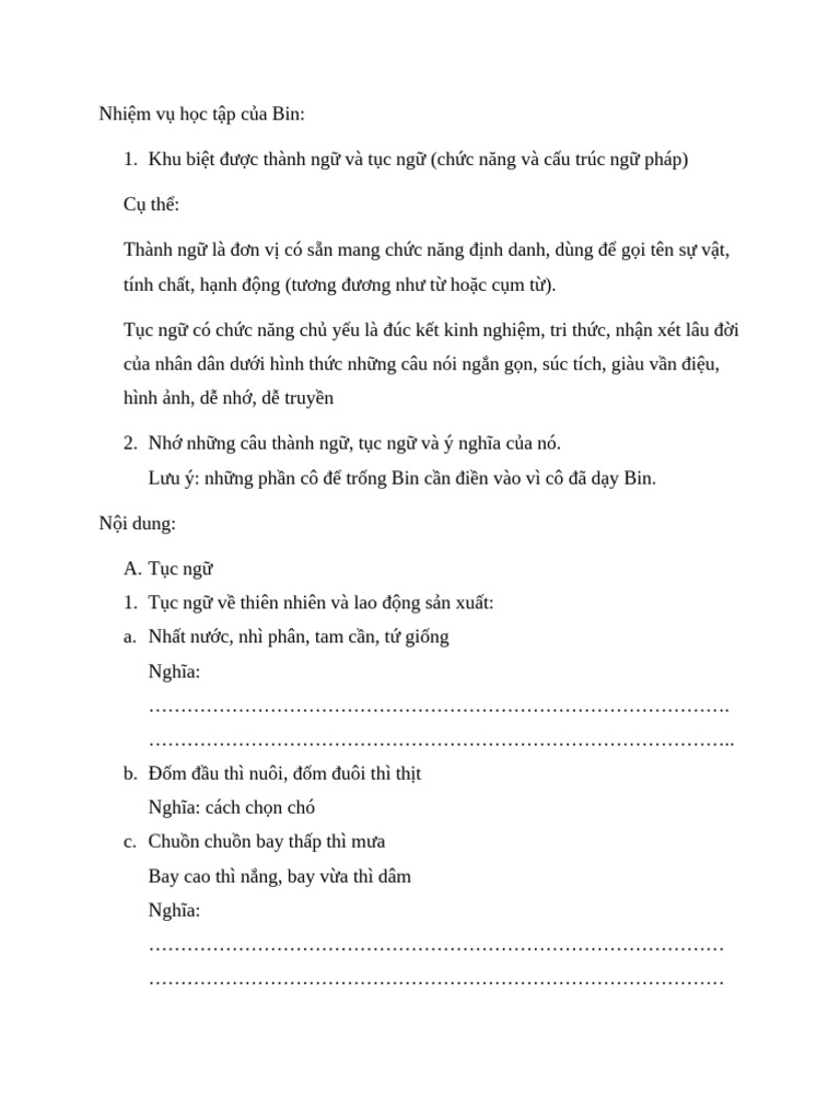 Thành Ngữ Tục Ngữ Ôn Tập Cho Bin | PDF