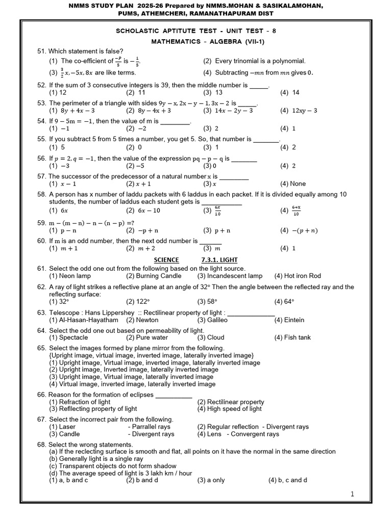 Unit Test 8 Sat 25-26 Em-2 | PDF | Precipitation | Mirror