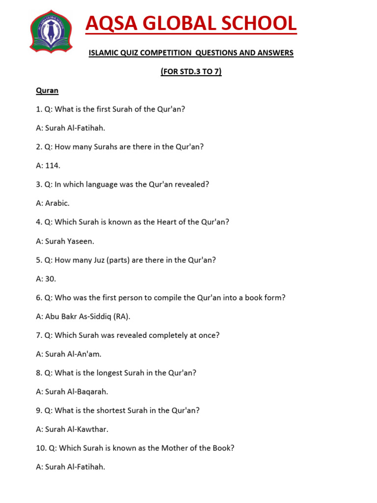 Islamic Quiz Questions for Kids | PDF | Surah | Muhammad