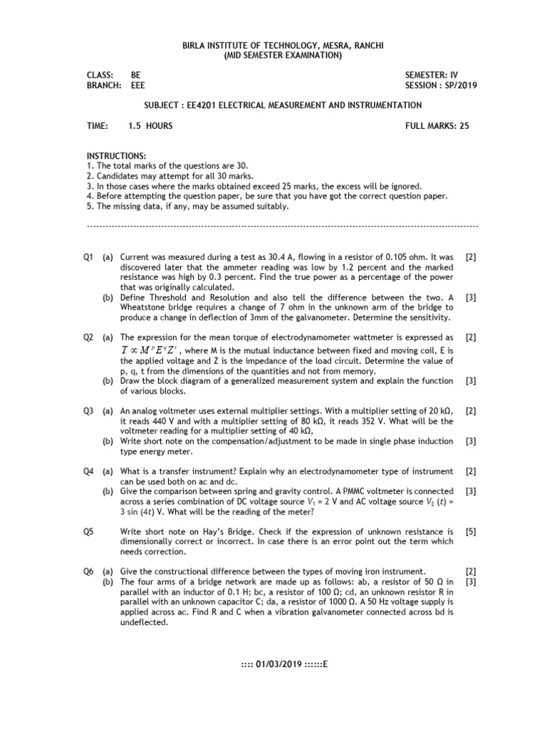 Ee4201 Electrical Measurement and Instrumentation (Mid - sp19) | PDF ...