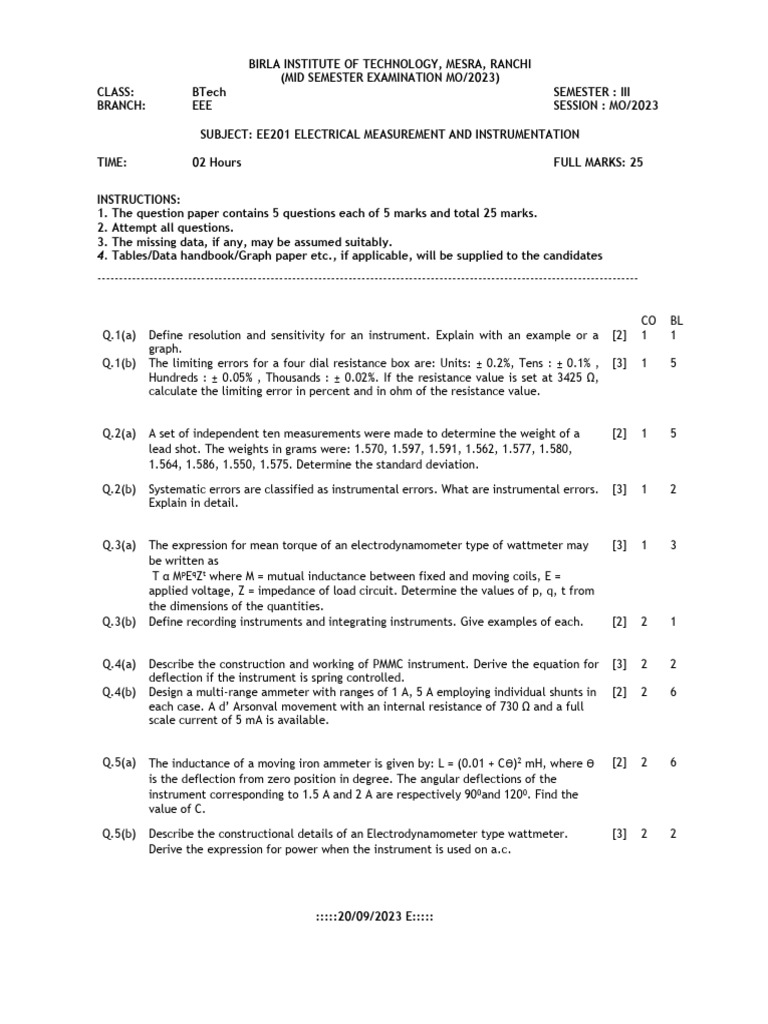 Ee201 Electrical Measurement and Instrumentation_mid_mo23 | PDF ...