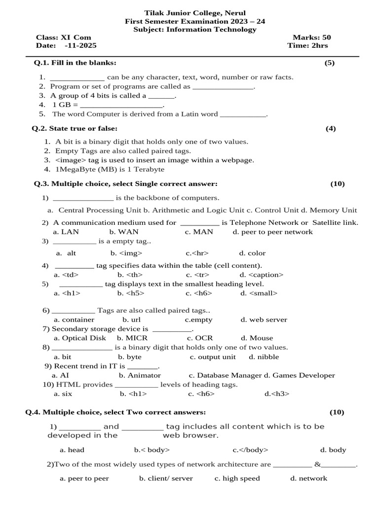 IT Exam Paper for Class XI | PDF | Bit | Computer Data Storage