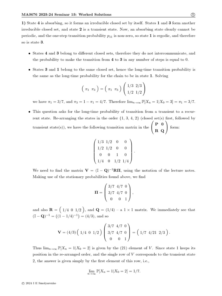 Seminar13solutions 2023-24 | PDF | Markov Chain | Eigenvalues And ...