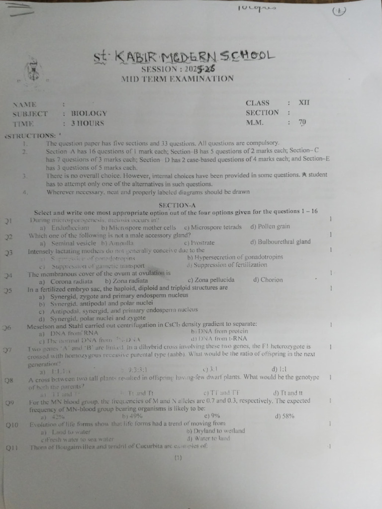 Biology Mid Term Exam Paper 2025-26 | PDF | Fertilisation | Meiosis