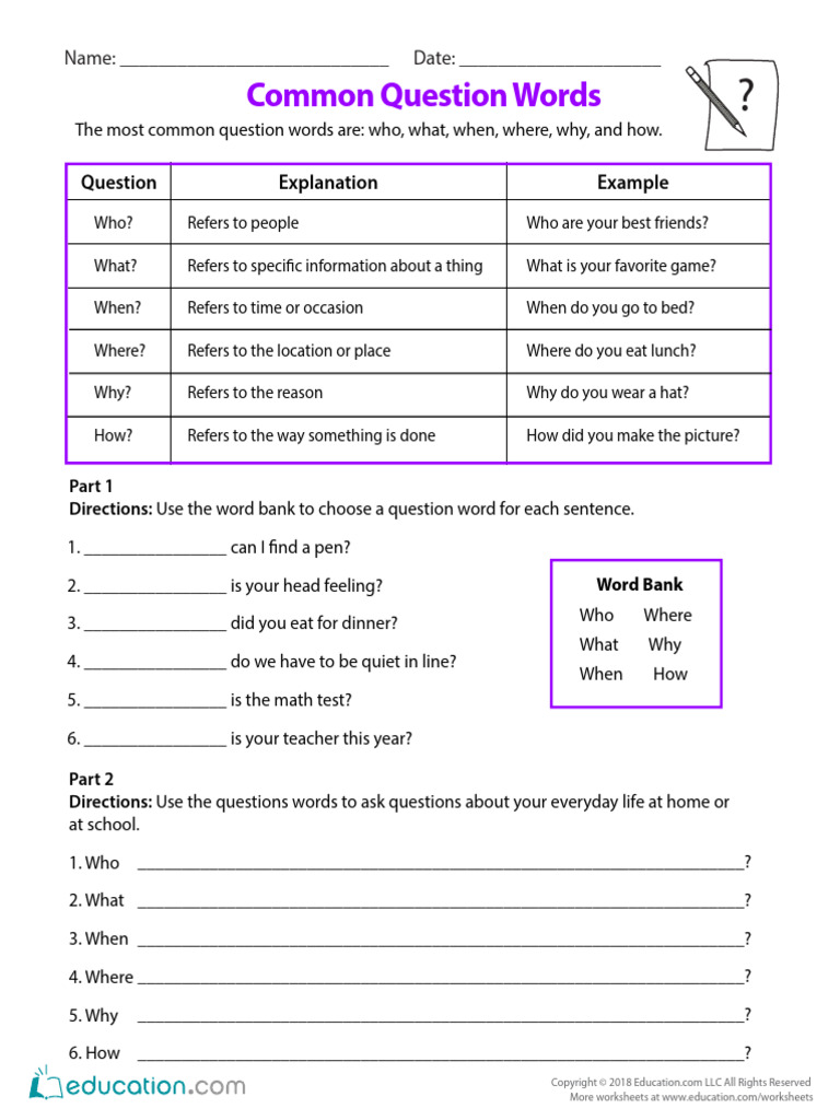 Common Question Words Worksheet | PDF