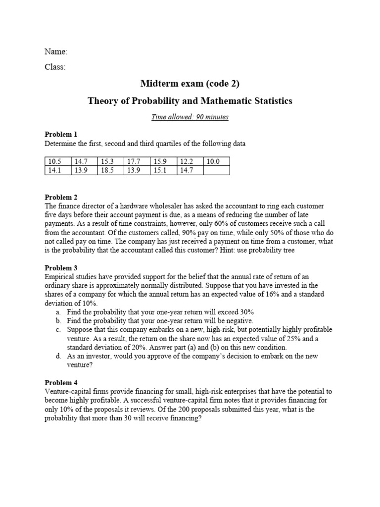 Probability and Statistics Midterm Exam | PDF