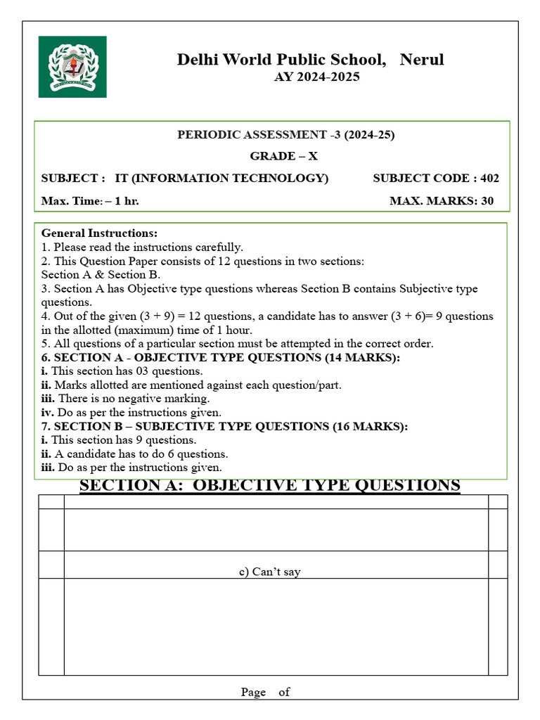 IT Assessment Paper for Grade X 2024-25 | PDF | Spreadsheet