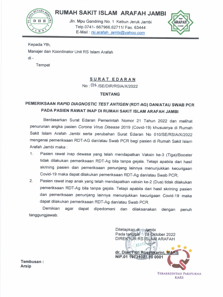 013 Se - Pemeriksaan Rdt-Ad Dan Swab PCR Bagi Pasien Rawat Inap Rsia | PDF