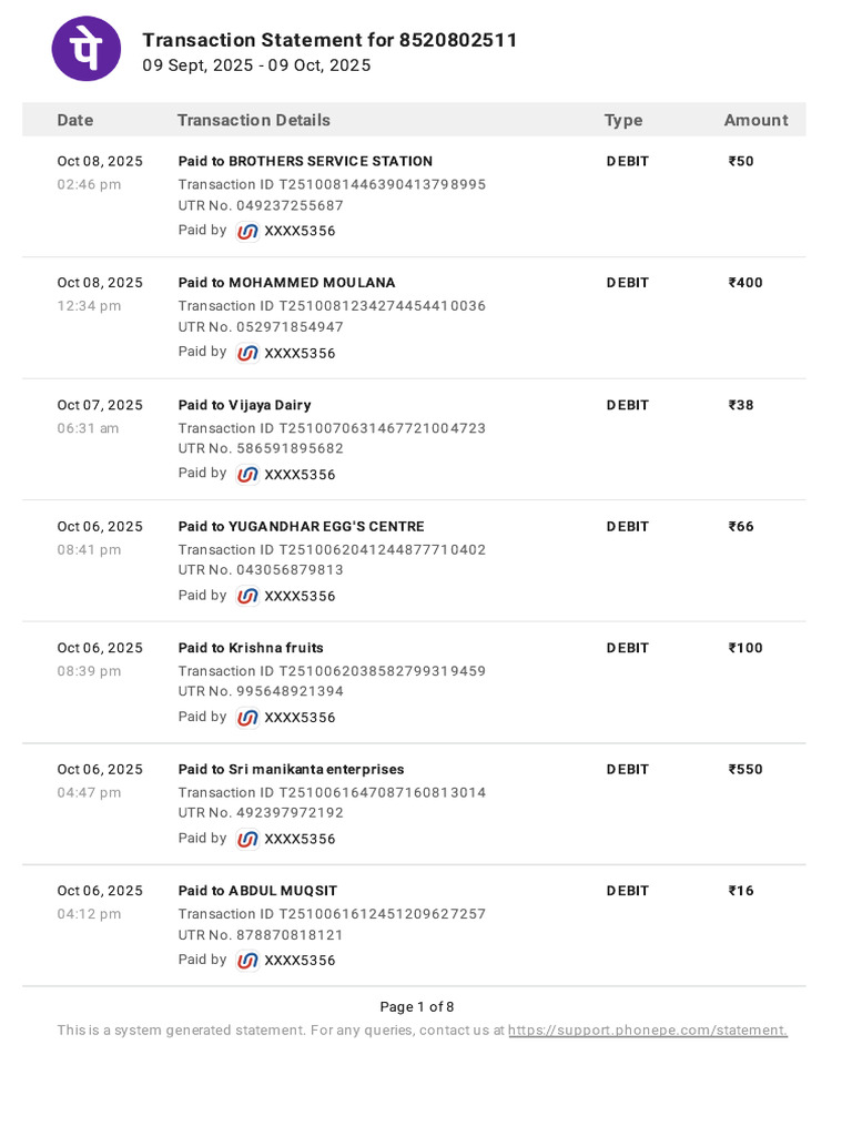 Transaction Statement for 8520802511 | PDF | Debit Card | Service ...