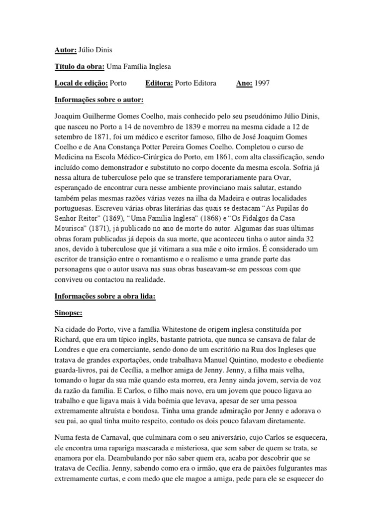 Uma Familia Inglesa Julio Dinis Resumo