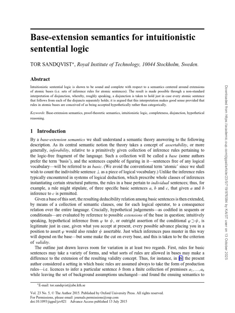 Base-Extension Semantics in Intuitionistic Logic | PDF | Deductive ...