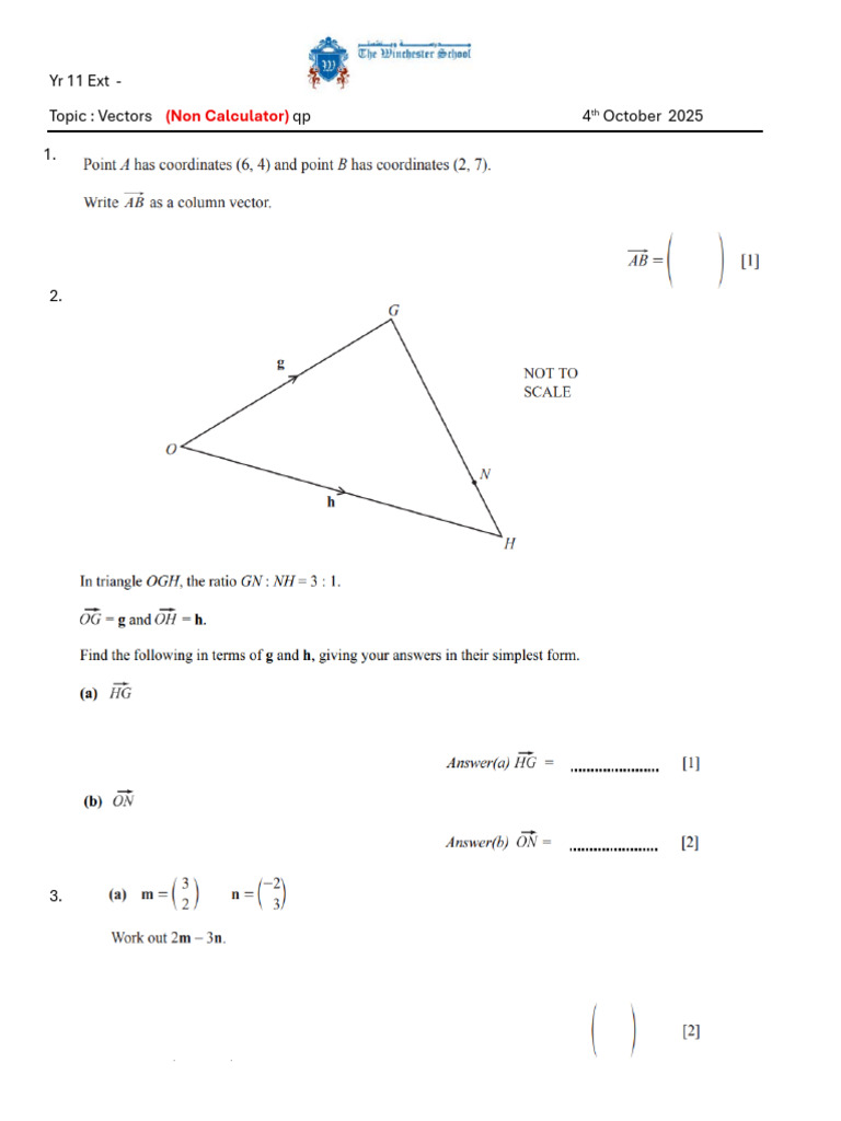 Year 11 Vectors Exam Questions | PDF