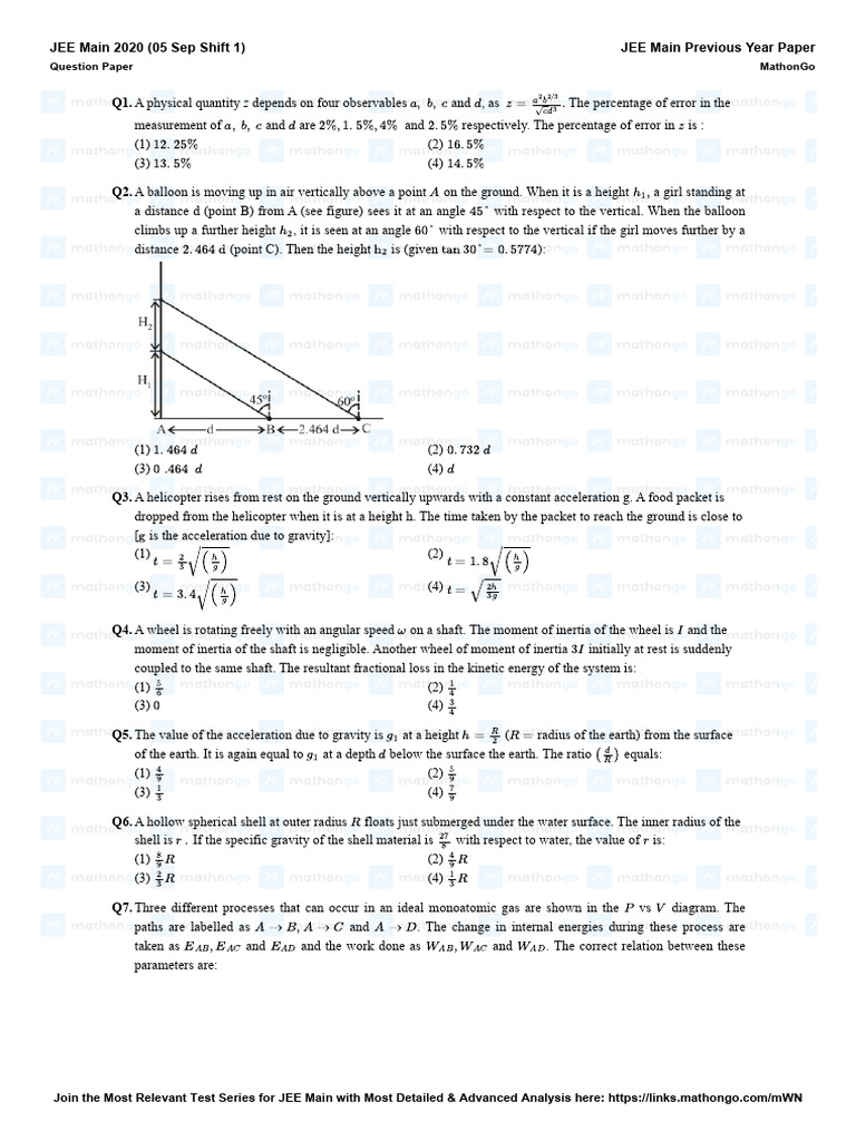 JEE Main 2020 Physics Question Paper | PDF | Electronvolt | Chemical ...