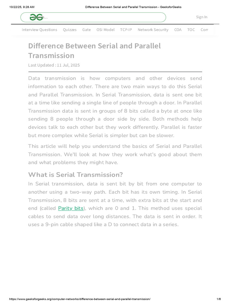 Serial vs Parallel Data Transmission | PDF | Bit | Telecommunications