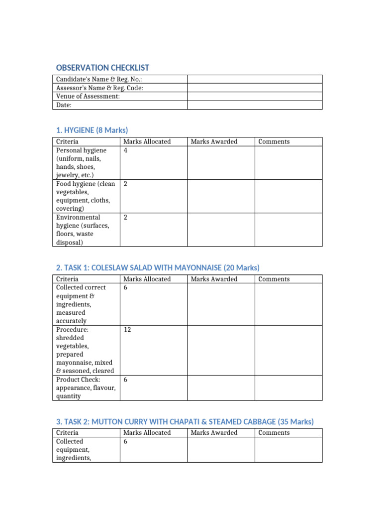 Culinary Skills Assessment Checklist | PDF