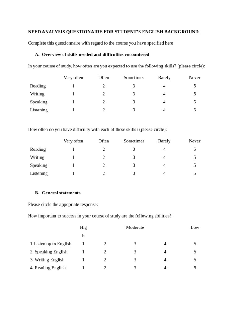Need Analysis Questionaire For Student | PDF | Conversation | Fluency
