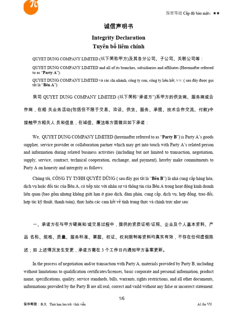 Integrity Declaration Tuyên bố liêm chính | PDF
