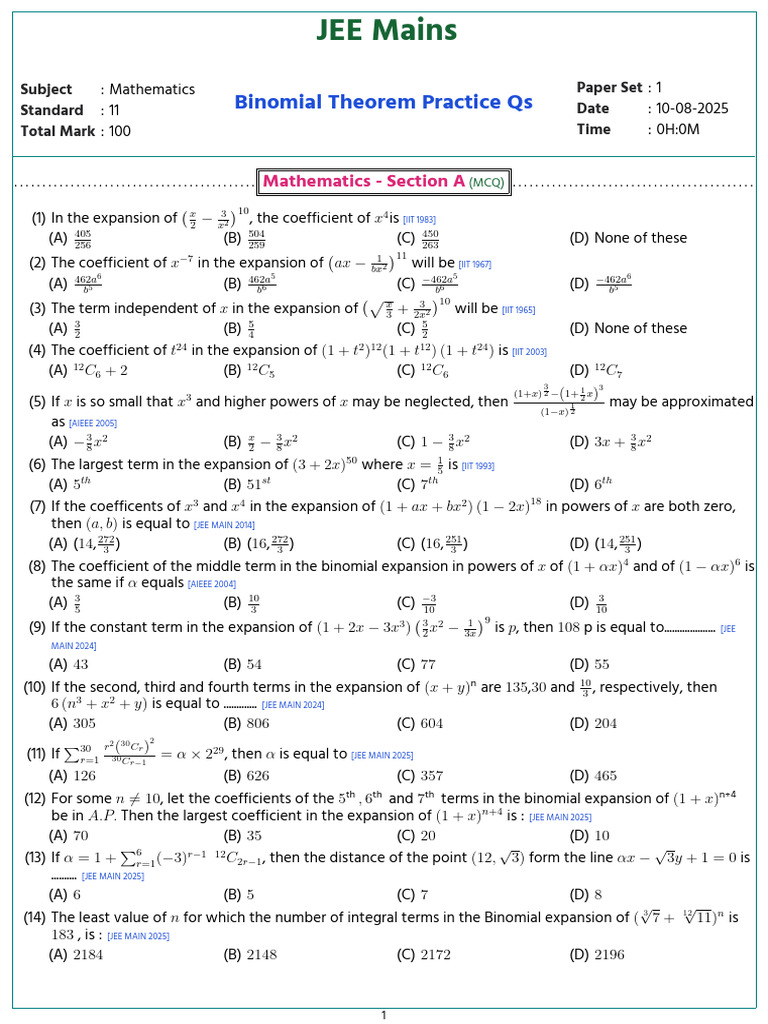 Binomial Theorem Practice Qs 891277 1 1754468273 | PDF | Standardized ...