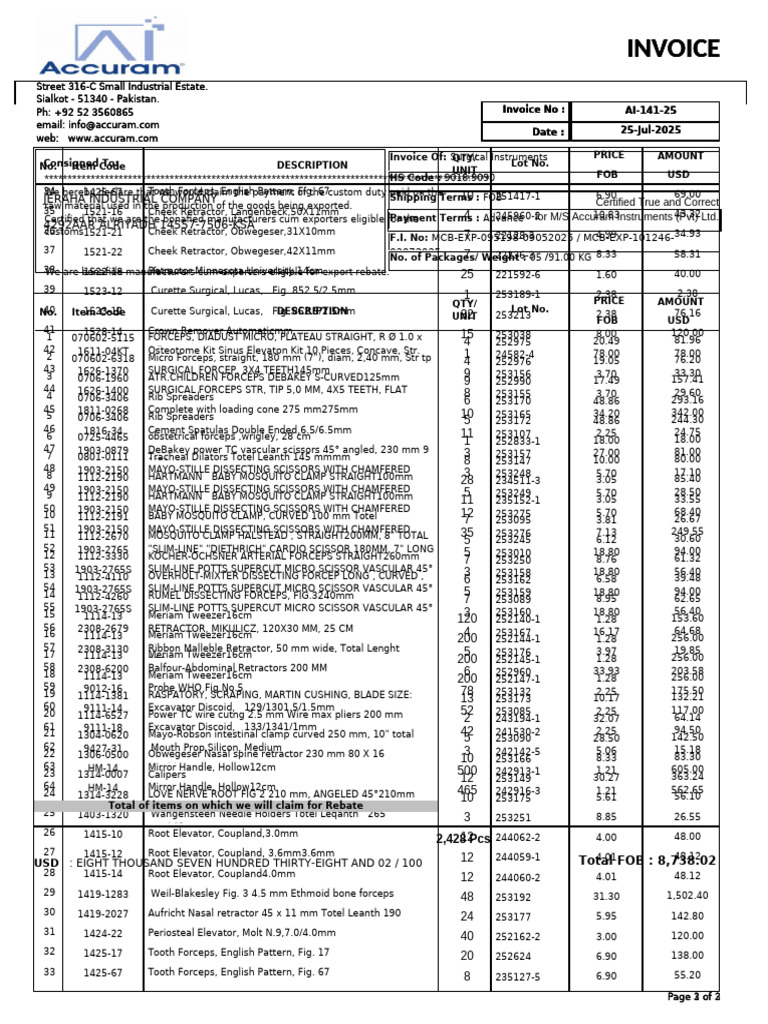 Surgical Instruments Invoice AI-141-25 | PDF