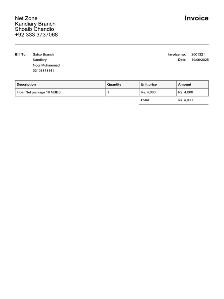 Invoice for Fiber Net Package 16 MBBS | PDF