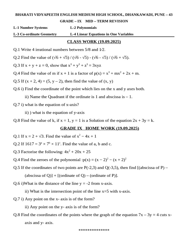 Grade IX Math Mid-Term Revision Guide | PDF