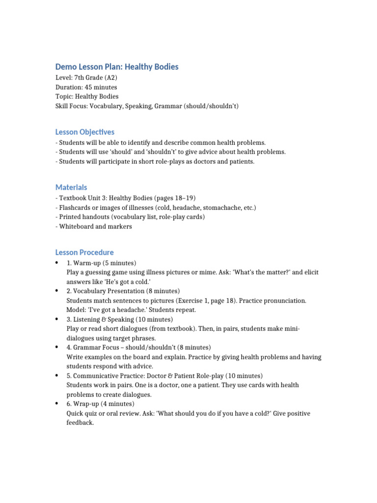 7th Grade Healthy Bodies Lesson Plan | PDF | Learning | Human Communication