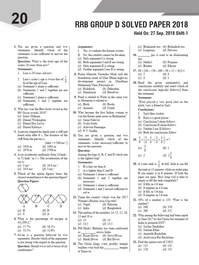 RRB Group D Solved Paper 2018 Shift 1 | PDF