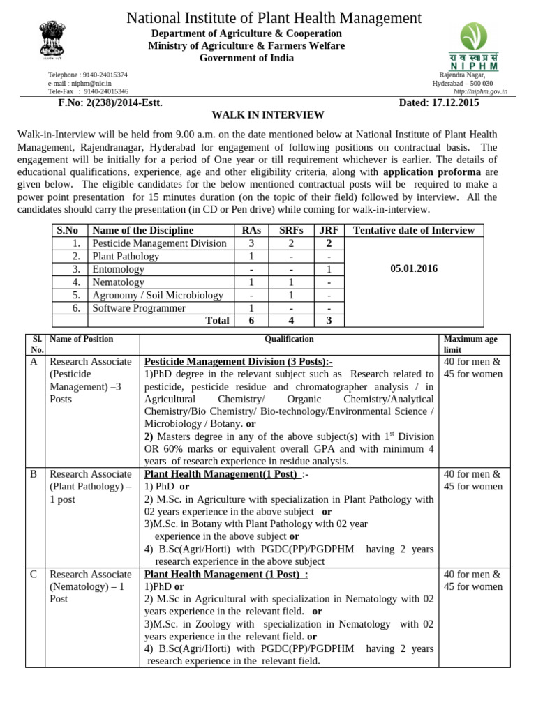 NIPHM Walk-in Interview for Research Positions | PDF | Postgraduate ...