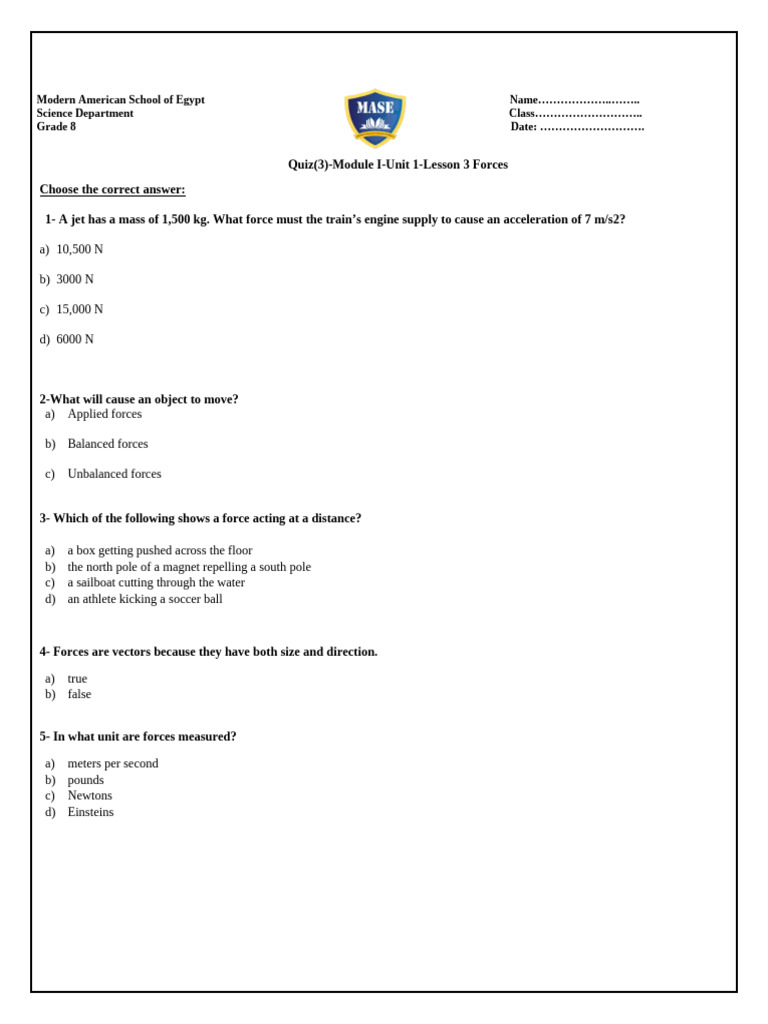 Grade 8 Forces Quiz | PDF | Force | Newton's Laws Of Motion