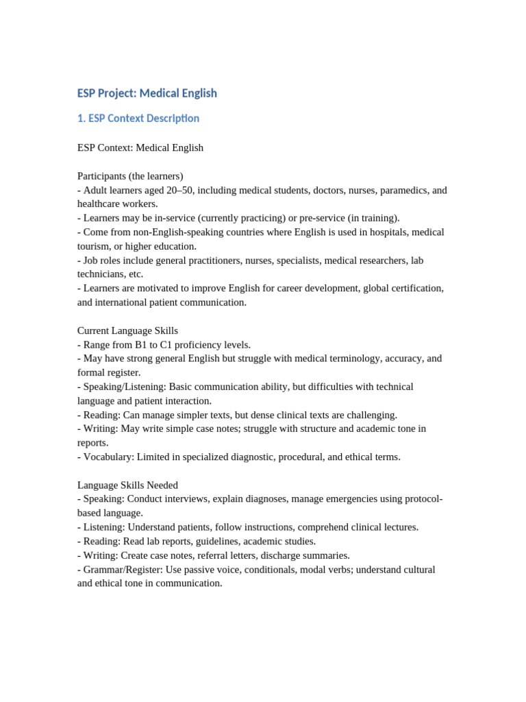 Medical English ESP Course Design Guide | PDF | Educational Assessment ...