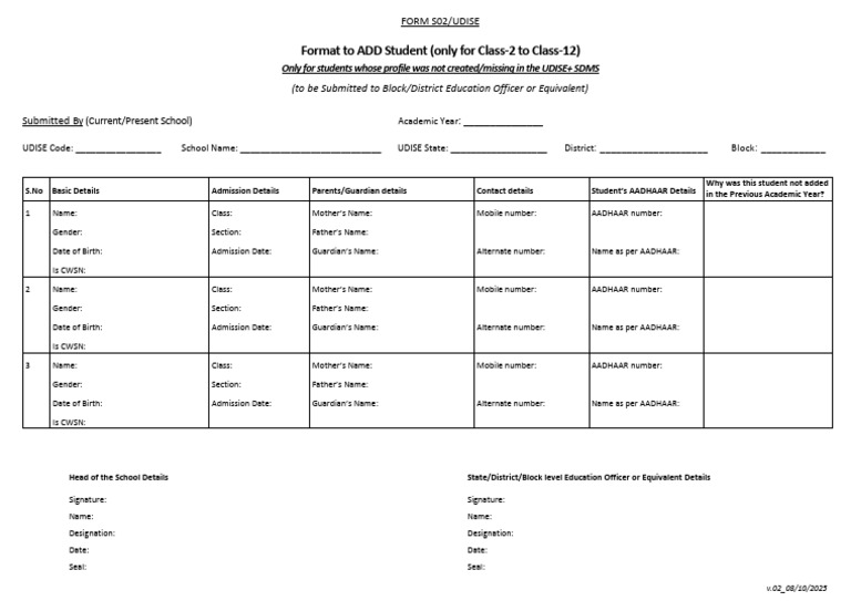 UDISE S02 Form for 2025-26 Submission | PDF