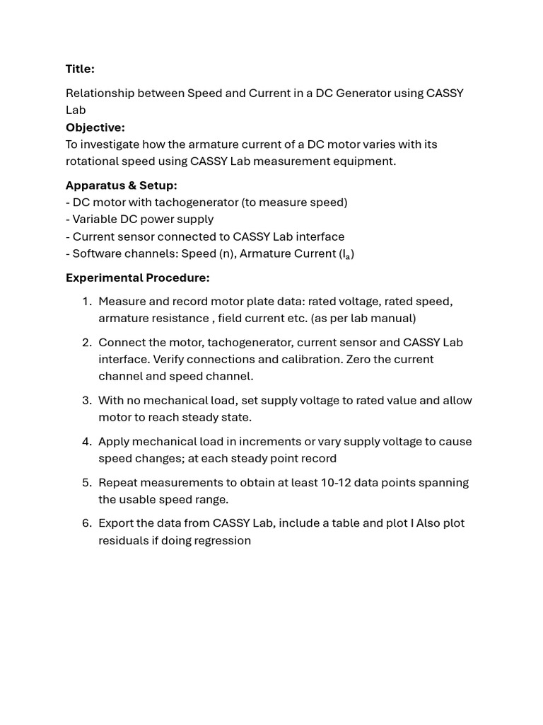 Speed vs Current in DC Motors Experiment | PDF