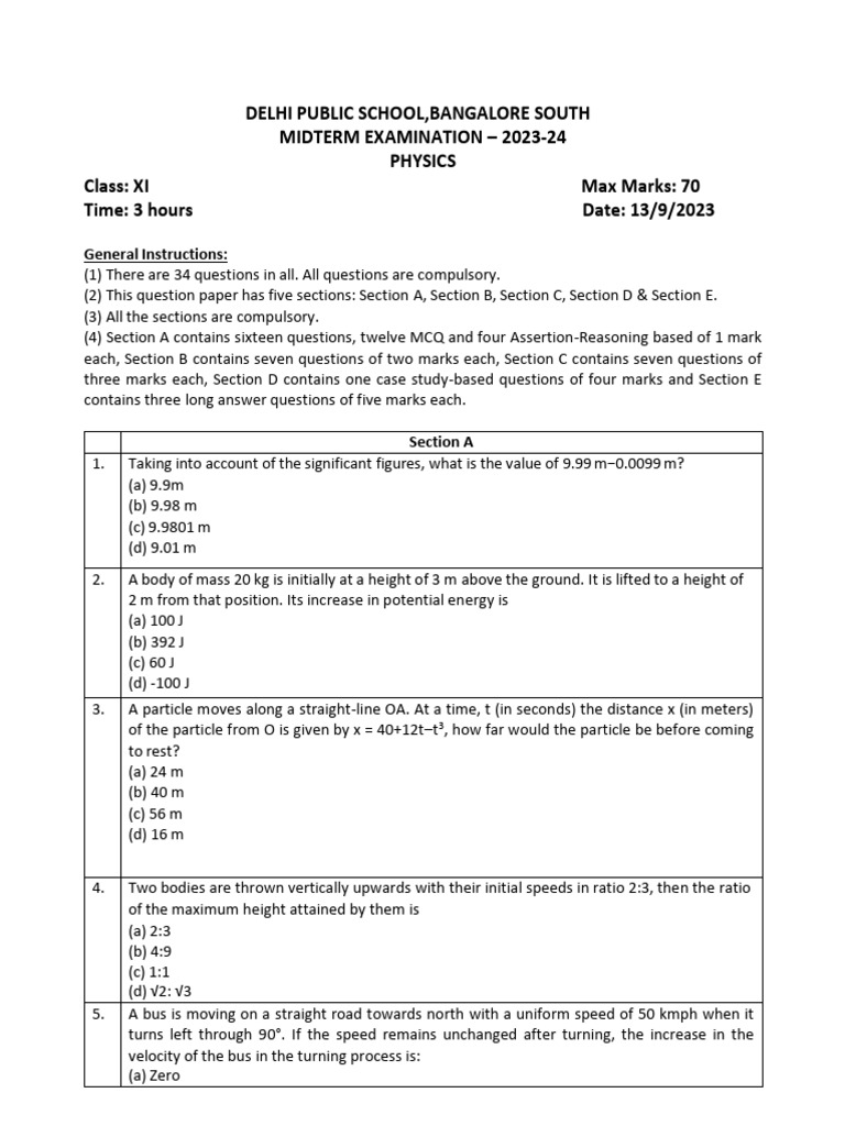 Class XI Physics Midterm Exam 2023-24 | PDF | Torque | Rotation Around ...