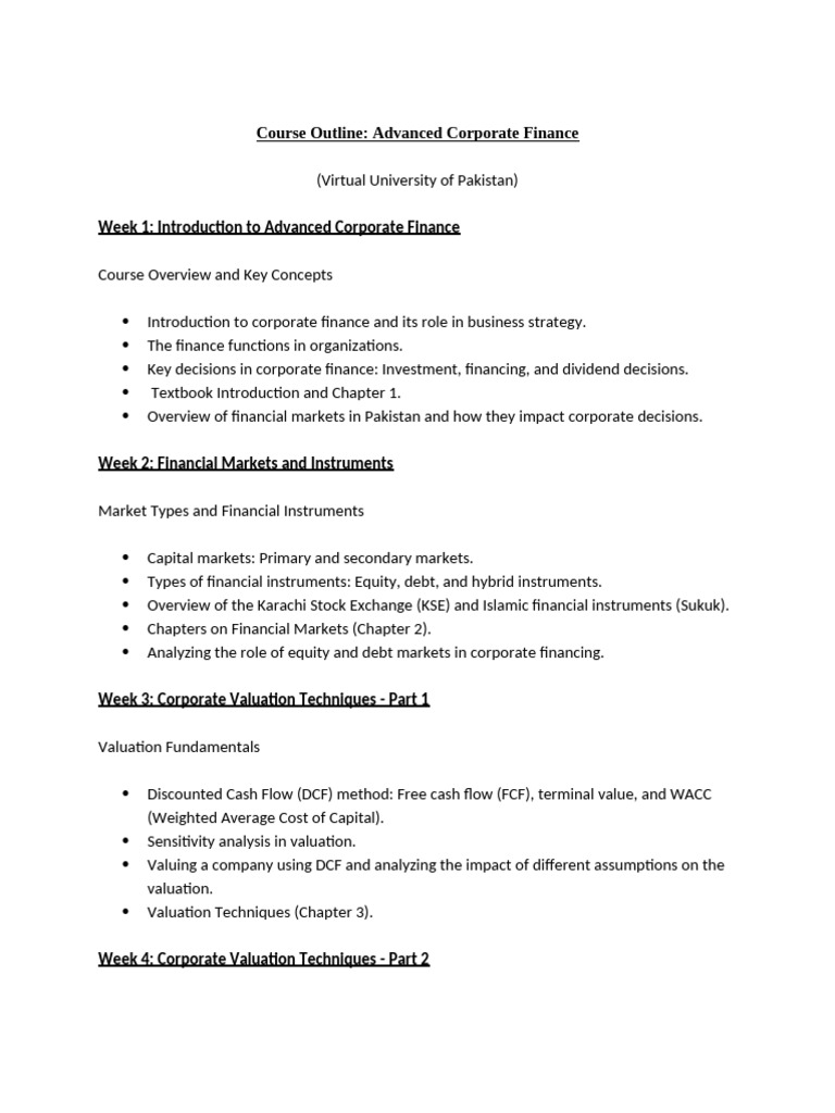 Advanced Corporate Finance Course Outline | PDF | Valuation (Finance ...