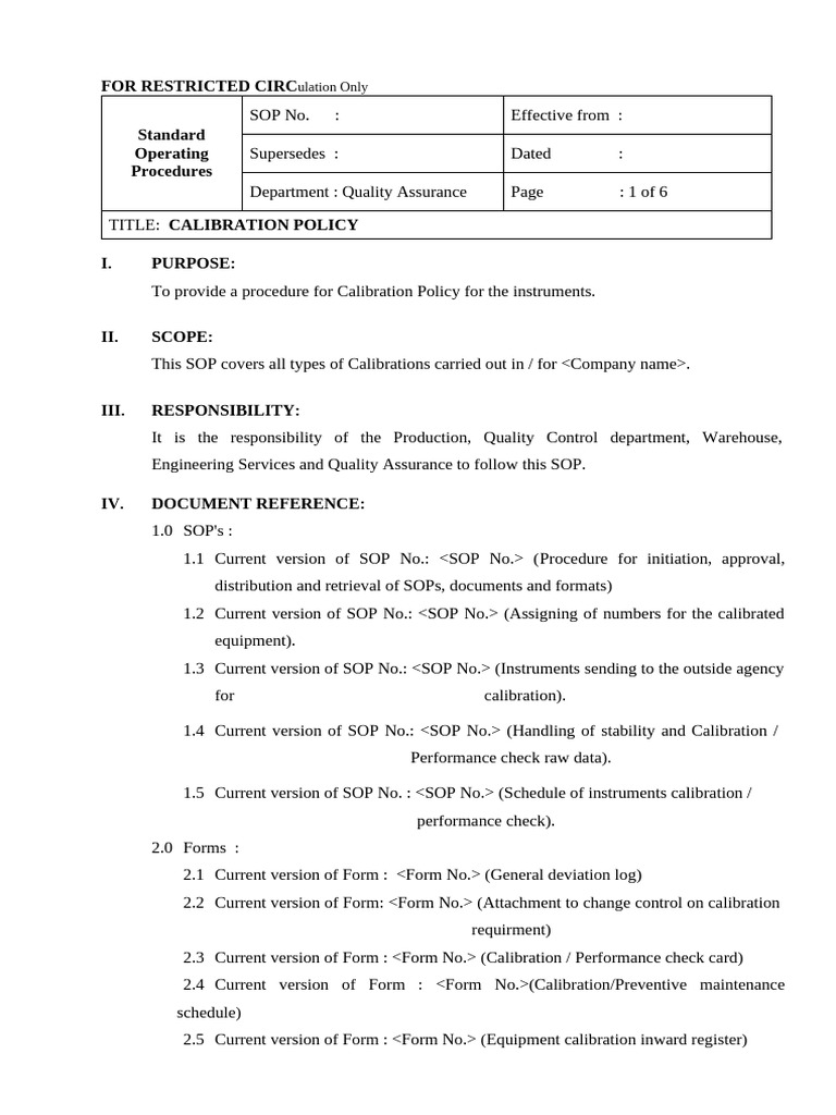 Calibration Policy SOP for Quality Assurance | PDF | Calibration ...