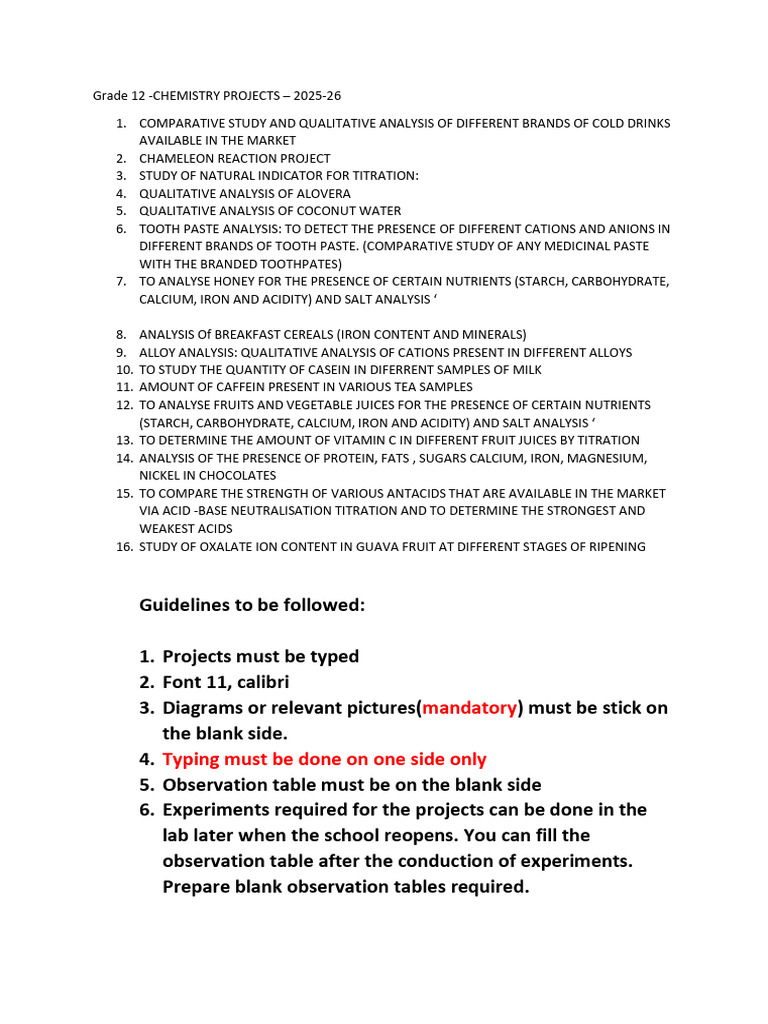 Class 12 Chemistry Project Topics 2025-26 | PDF | Acid | Titration