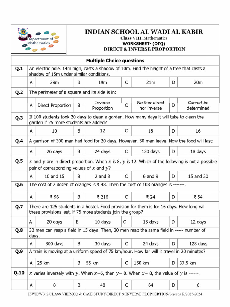 Alana Direct and Inverse Proportion Worksheet | PDF
