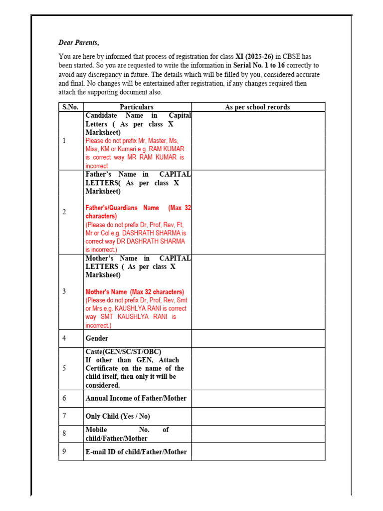 Class XI CBSE Registration Guide 2025-26 | PDF