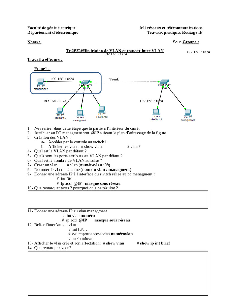 Configuration VLAN et Routage IP en TP | PDF | Adresse IP | Réseau ...