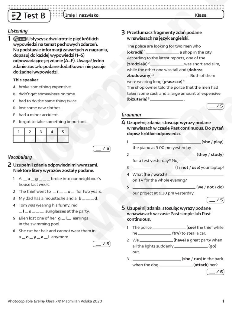 Unit 2 Test B for Brainy Class 7 | PDF | Phonetics | Languages