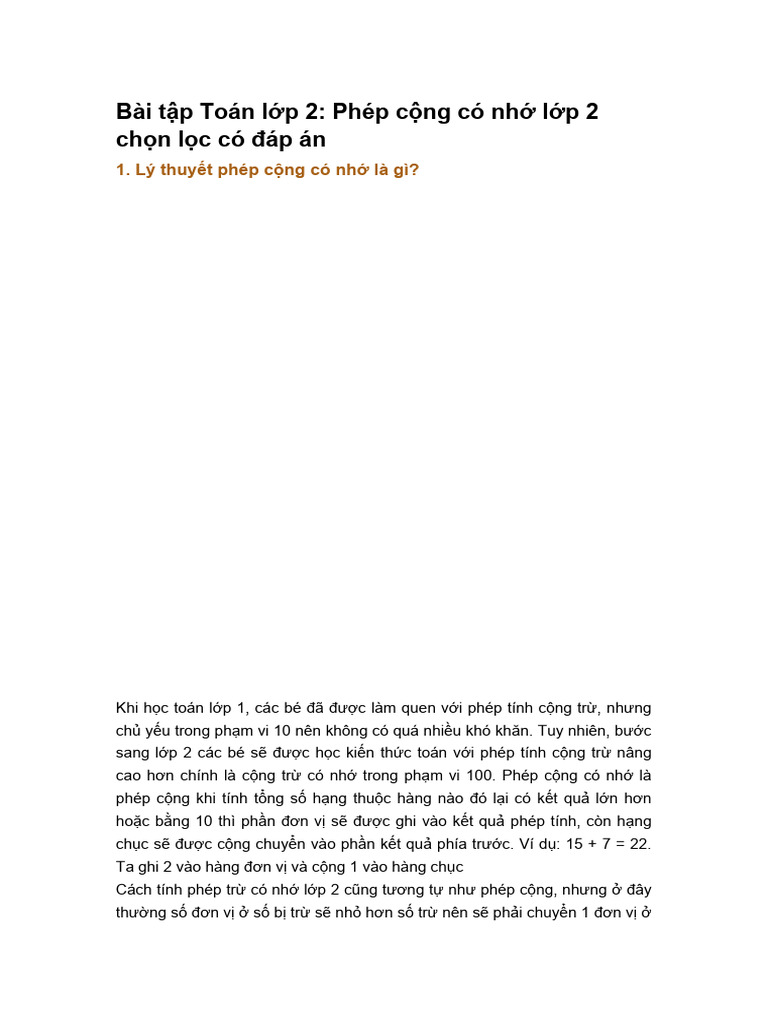 Bai Tap Toan Lop 2 Phep Cong Co Nho Lop 2 Chon Loc Co Dap An 178536 | PDF